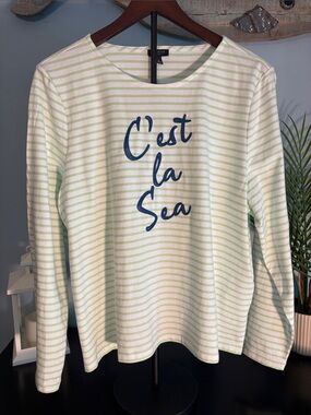 Talbots Striped Long Sleeve Tee in White and Light Green with Navy Script